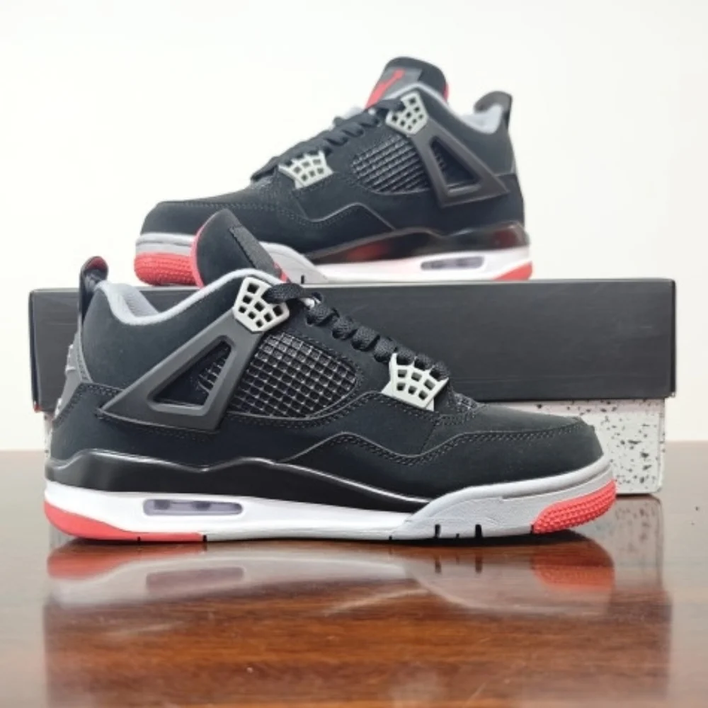 New With Box Men's Air Jordan 4 Bred (Black Fire Red Cement Grey)